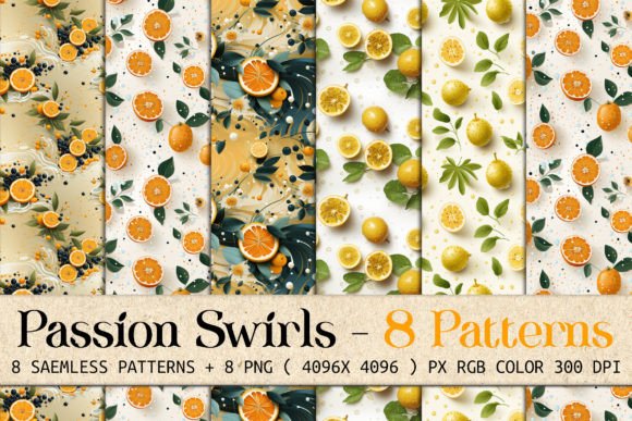 Passion Fruit Swirls: 8 Seamless Patterns for Vibrant Design